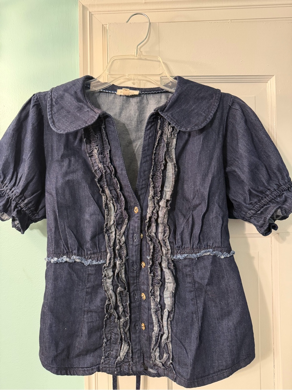 Pilcro Dark Indigo Ruffled Chambray Button Shirt